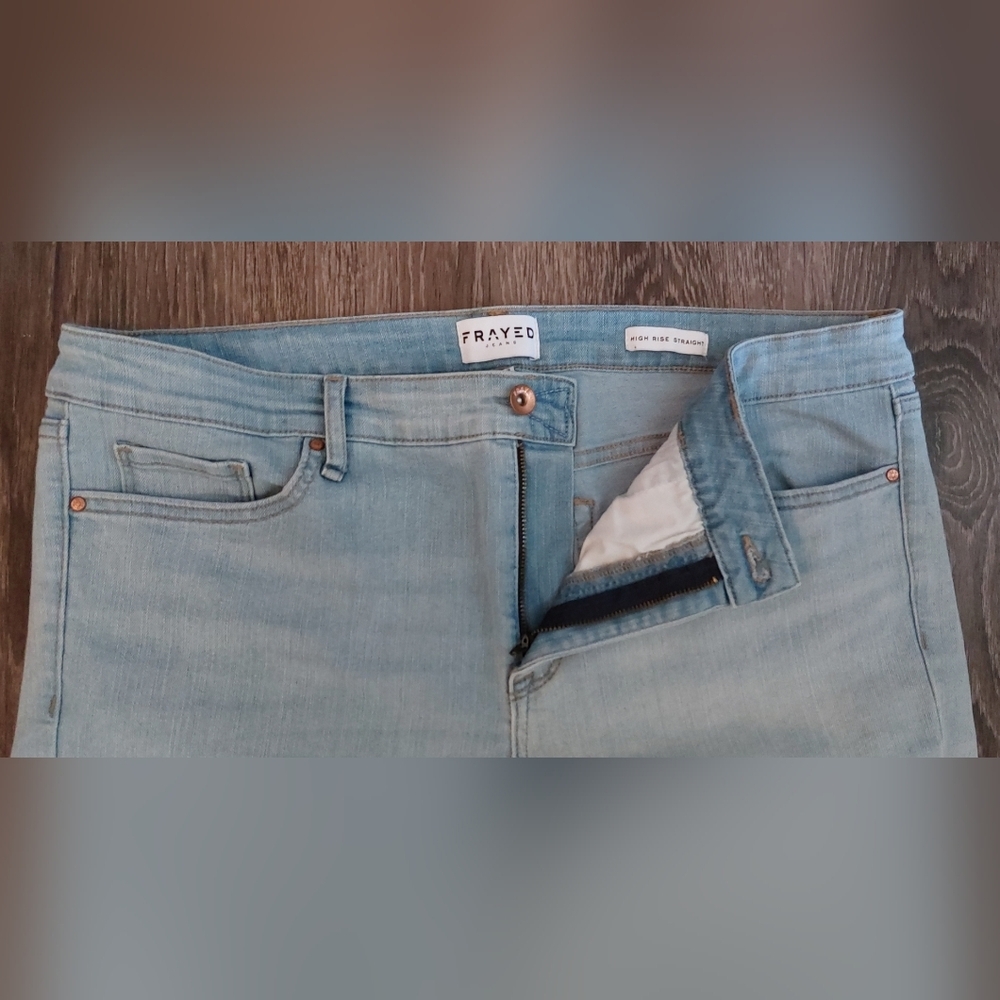 Frayed Raw Hem Light Wash High Rise Straight Denim Jeans Size 16 Flat Front Chic - Picture 3 of 10